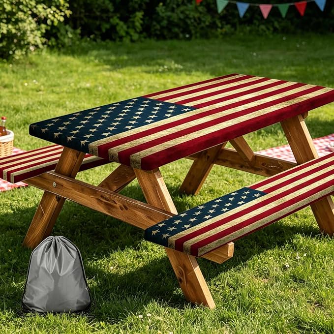 Picnic Table Cover with Bench Covers 4th of July Independence Day Tablecloth Camping Essentials Rv Travel Gear Must Haves Accessories Fitted Table Cloth Outdoor Camper Gifts American Flag, 30X60 Inch