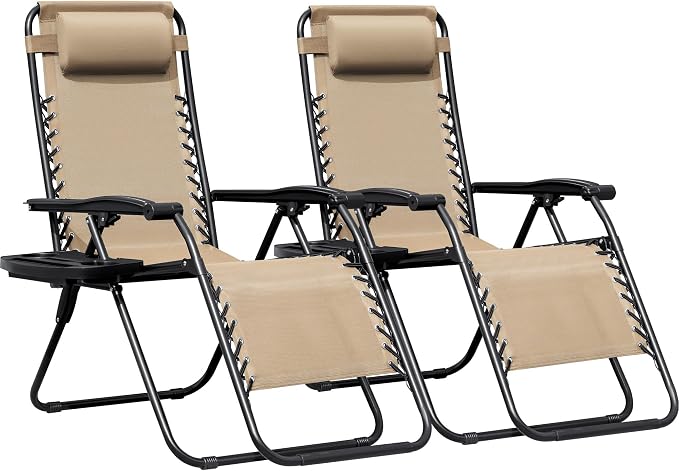 Greesum Zero Gravity Chairs Set of 2 Adjustable Steel Mesh Recliners Beach Deck Lawn Camping Patio Foldable Lounge Chair with Cup Holder Trays and Pillows,Cream-Coloured
