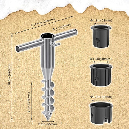 Dolibest Heavy Duty Beach Umbrella Sand Anchor, Screw-in Ground Anchor with 3 Sleeves (Fits 1-2" Poles), Windproof Beach Umbrella Stake, 2.2'' Fully Welded Spiral Design for Ultimate Stability