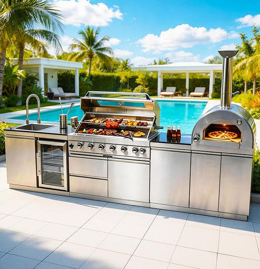 128" Modular Outdoor Kitchen,120,000 BTU Stainless Steel Natural Gas BBQ Grill with Built-In Pizza Oven,Rotisserie,Refrigerator,Granite Countertop,Storage Drawers & Cabinets.