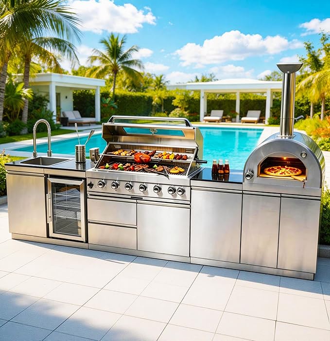 128" Modular Outdoor Kitchen,120,000 BTU Stainless Steel Propane Grill with Built-In Pizza Oven,Rotisserie,Refrigerator,Granite Countertop,Storage Drawers & Cabinets.