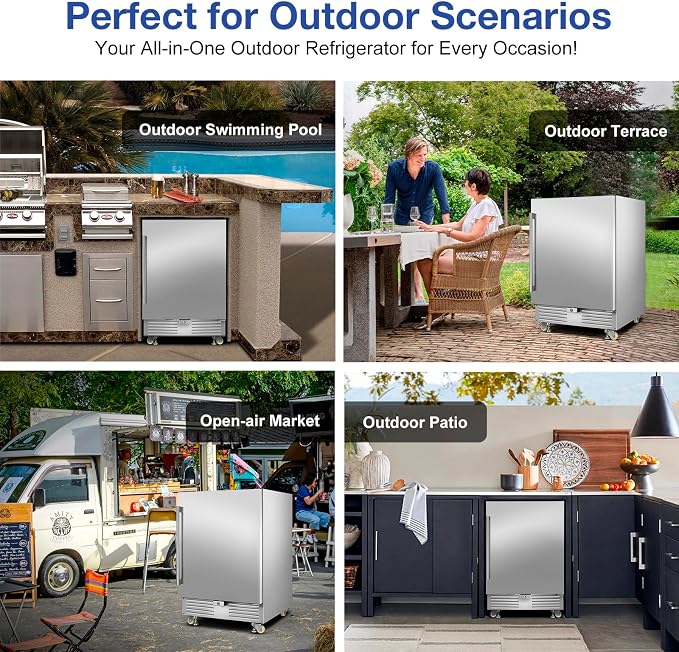 FoMup 24" Undercounter Outdoor Beverage Fridge, Stainless Steel with Wheels | Waterproof exterior, 180 cans capacity, for outdoor kitchen patio, Digital thermostat, Adjustable shelves, Safety lock
