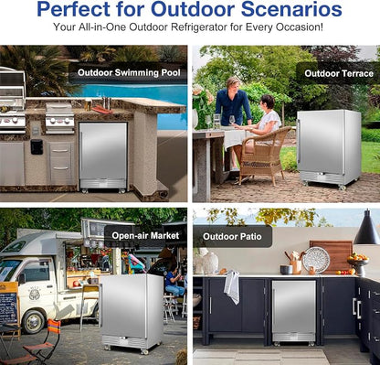 FoMup 24" Undercounter Outdoor Beverage Fridge, Stainless Steel with Wheels | Waterproof exterior, 180 cans capacity, for outdoor kitchen patio, Digital thermostat, Adjustable shelves, Safety lock