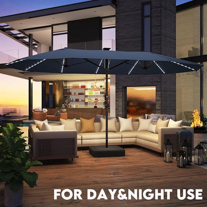 GDPFN 15ft Large Patio Umbrella with Solar Lights, Outdoor Double-Side Rectangular Umbrella with Base Included, Backyard Pool Umbrella with LED Light for Deck, Outside, Market, Navy