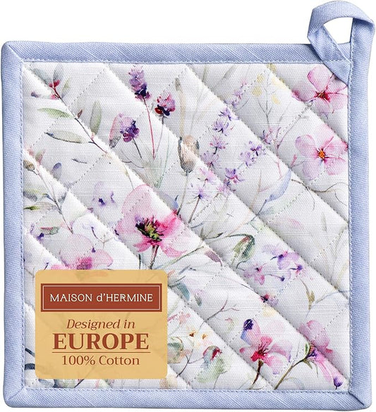 Maison d' Hermine Pot Holders 100% Cotton Heat Resistant Potholders 8" x 8" Hot Pads with Loop BBQ Cooking Baking Hotel Farmhouse Kitchen Handling Hot Pans Spring Summer (Pack of 1, Summer Floral)