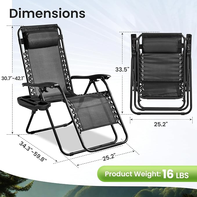 2-Pack Zero Gravity Lounge Chair Recliners - Adjustable Steel Frame with Removable Headrests & Cup/Phone/Tablet Trays - 330LBS Capacity - Light Black