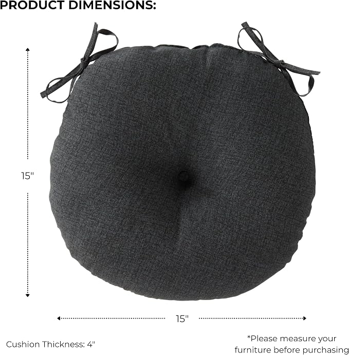 15 x 15 Round Bistro Chair Cushion, Reversible Patio Seat Cushion with Attached Ties, Polyester Fabric, Recycled Polyfiber Fill, Set of 2 - Carbon
