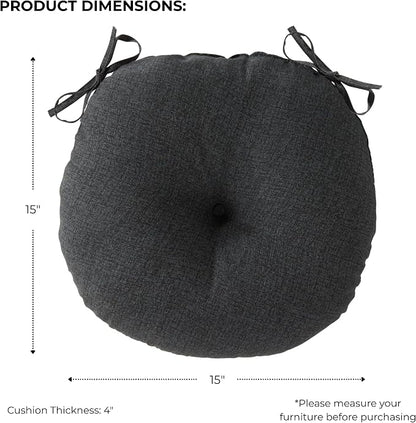 15 x 15 Round Bistro Chair Cushion, Reversible Patio Seat Cushion with Attached Ties, Polyester Fabric, Recycled Polyfiber Fill, Set of 2 - Carbon