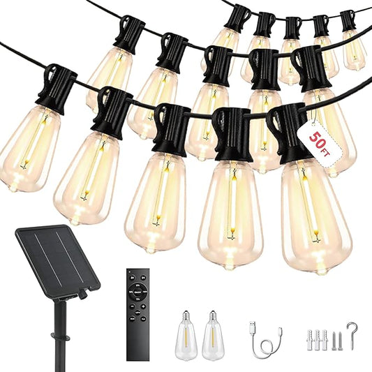 50FT Solar String Lights Outdoor Waterproof, 15+2 Shatterproof with Edison Bulbs,Solar Powered Outdoor Lights with Remote, LED String SolarLights for Garden, Backyard, Parties