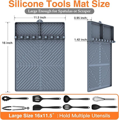 Silicone Griddle Tools - Spatula Mat with Drip Pad & Grill Utensil Holder Side Shelf for Kitchen, Cooking, Countertop, Griddle Accessories - Grey, 2 Pack
