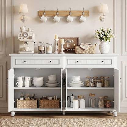 Scurrty Sideboard Buffet Cabinet, 62'' Large Storage Cabinet with Drawers and 4 Doors, Vintage Coffee Bar Cabinets with Adjustable Shelf for Kitchen, Living Room, White