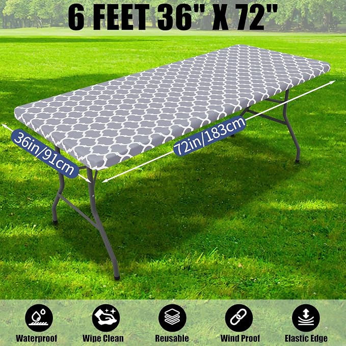 Smiry 2 Pack Rectangle Table Cloth 6 Foot, Waterproof Elastic Fitted Tablecloths, Windproof Washable Polyester Table Cover for Picnic, Camping, Outdoor (Grey, 36"x72")