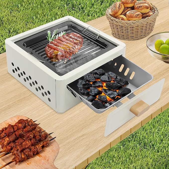 Charcoal Grill, 12.2" Portable Square Tabletop Charcoal Barbecue Grill Lightweight BBQ Yakitori Grill with Net Baking Tray for Outdoor Patio Backyard Barbecue Cooking