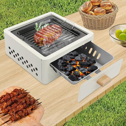 Charcoal Grill, 12.2" Portable Square Tabletop Charcoal Barbecue Grill Lightweight BBQ Yakitori Grill with Net Baking Tray for Outdoor Patio Backyard Barbecue Cooking