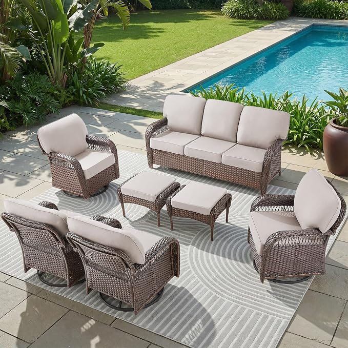 Belord Luxury Patio Furniture Set with 5-inch Thick Cushion, Outdoor High Back Swivel Rocker Patio Chairs, 7PCS Wicker Conversation Set for Deck Yard and Poolside,Beige