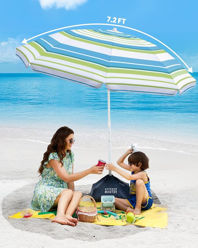OutdoorMaster 7.2ft Beach Umbrellas for Sand with Sandbag & Anchor | 7.2ft Adjustable Umbrella for Beach, Wind Resistant, Portable UPF50+ Sunshade with Carry Bag for Patio