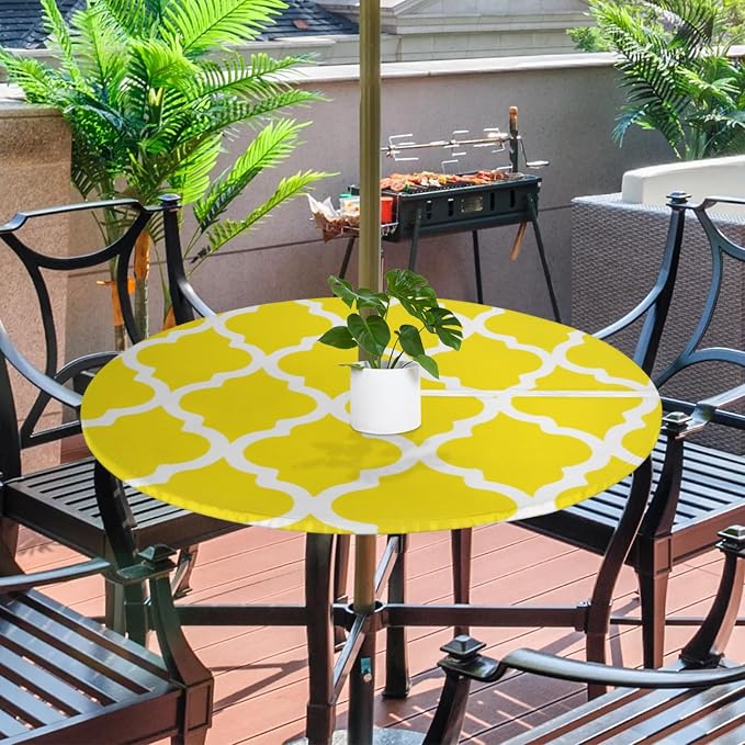 Fitted Round Tablecloth with Umbrella Hole and Zipper Yellow Moroccan Outdoor Elastic Table Cloth 36"-44" Oil-Proof Waterproof Morocco Geometric Patio Table Cover for Dining Picnic Party
