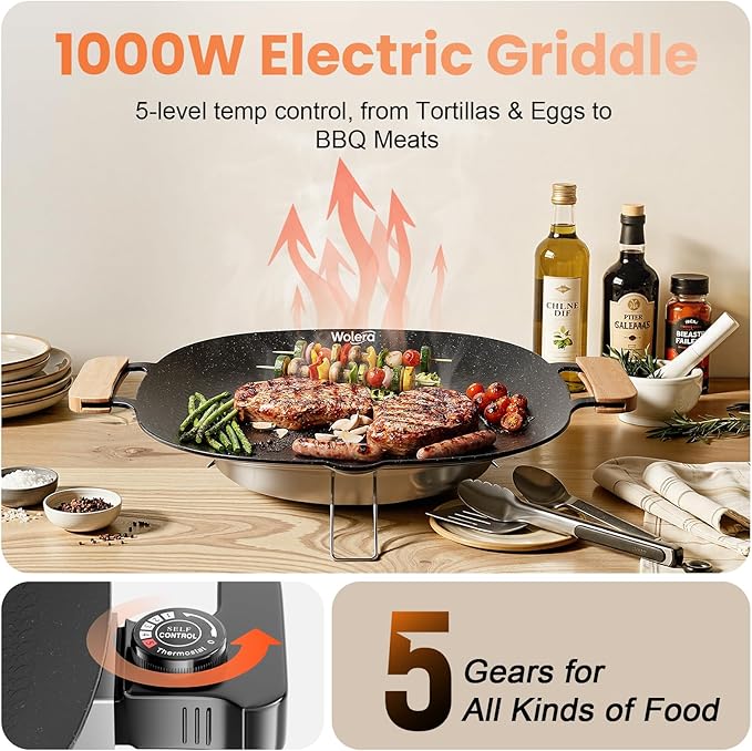 Smokeless Indoor Electric BBQ Grill with Wooden Handles – Adjustable Temp Nonstick Griddle, Perfect for Steak, Pancakes & Low-Fat Meals, Easy to Clean & Dishwasher Safe