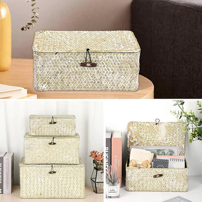 Hipiwe Wicker Shelf Baskets Bin with Lid Natural Seagrass Basket Storage Boxes Small Woven Basket Multipurpose Home Organizer Bins Box for Shelf Closet Bedroom Living Room Home Decor, Whitewash