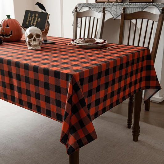 Classic Orange Gingham Buffalo Tablecloth Fabric - Oblong 58x144 Inch Water Proof Checkered Table Cloth for Indoor Outdoor - Farmhouse Table Cover for Halloween Party, Picnics, and Parties