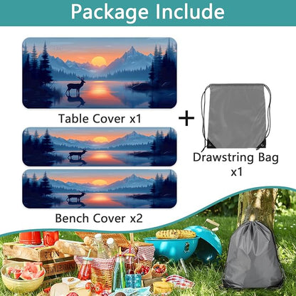 3 PCS Picnic Table Cover with Bench Covers & Storage Bag, Waterproof Fitted Camping Tablecloth with Elastic, 30x72 Inch, Sunset Mountain Lake Deer Forest Print, Indoor Outdoor Patio RV Party Table