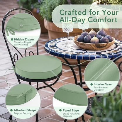 Summsun Outdoor Bistro Chair Cushions Set of 2, 15" D x 3" H Round Chair Cushions Waterproof and Fade Resistant Chair Cushion Pads with Non-Slip Ties and Removable Covers for Garden, Sage Green