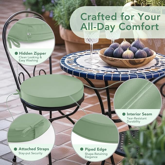Summsun Outdoor Bistro Chair Cushions Set of 4, 15" D x 3" H Round Chair Cushions Waterproof and Fade Resistant Chair Cushion Pads with Non-Slip Ties and Removable Covers for Garden, Sage Green