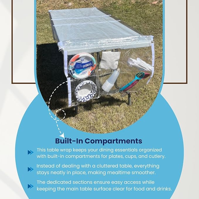 Water-Resistant Vinyl Cover - Reusable, Built-in Compartments for Plates, Cutlery & Dining Essentials – Fits 5 & 6 ft Tables – Perfect for Picnics, BBQs, Outdoor & Indoor Gatherings