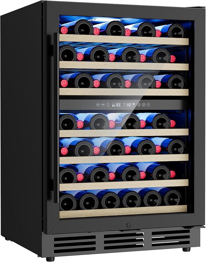 24 Inch Dual Zone Wine Fridge, 55-Bottle Wine Fridge Under Counter with Glass Door for Built-In or Freestanding, Wine Cooler Refrigerator with Removable Wooden Shelves, for Home/Bar/Office (Black)