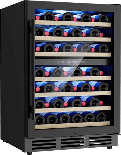 24 Inch Dual Zone Wine Fridge, 55-Bottle Wine Fridge Under Counter with Glass Door for Built-In or Freestanding, Wine Cooler Refrigerator with Removable Wooden Shelves, for Home/Bar/Office (Black)