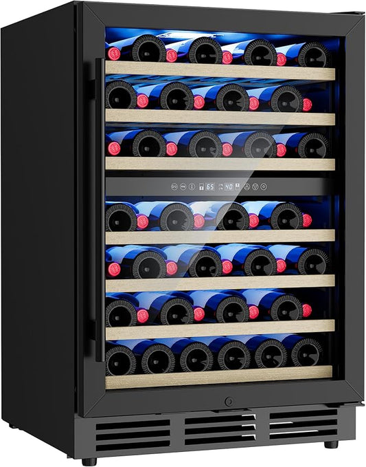 24 Inch Dual Zone Wine Fridge, 55-Bottle Wine Fridge Under Counter with Glass Door for Built-In or Freestanding, Wine Cooler Refrigerator with Removable Wooden Shelves, for Home/Bar/Office (Black)