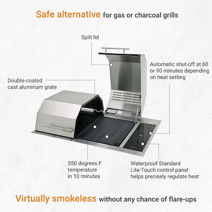 Kenyon Texan Built-In Electric Grill for Stone Counter, Standard Lite-Touch, Stainless Steel Grill with Split Lid for Indoor and Outdoor Use, 2 Burners, Quick Heat Up, Dishwasher Safe Grate, 240V