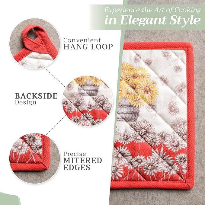 Maison d' Hermine Pot Holders 100% Cotton Potholders (8" x 8", Pack of 1) | Heat Resistant Hot Pads with Loop BBQ Cooking Baking Hotel Kitchen Handling Hot Pans Thanksgiving Christmas - Bagatelle