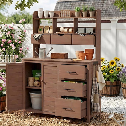 Merax Farmhouse Potting Bench with 6 Drawers, 44.6” Large Garden Workstation, Outdoor Kitchen Island with Bottom Cabinet & Hooks, Freestanding Patio Furniture,Brown