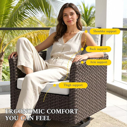 Patio Wicker Swivel Chairs with High Back Set of 2, All Weather PE Wicker Outdoor Swivel Chairs with Waterproof Cushion for Porch, Backyard, Balcony, Deck