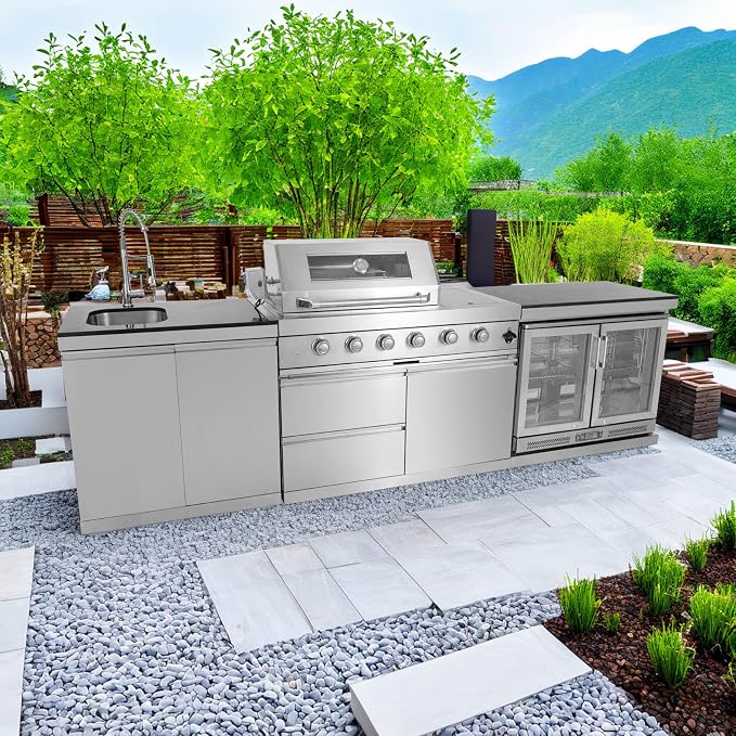 4 Burner Outdoor Kitchen Island with Grill and Side Burner, 72000 BTU Deluxe Stainless Steel Modular Outdoor Kitchen, Gas Propane BBQ Island with Rotisserie, Storage Cabinets & Drawers, 46"W, Silver