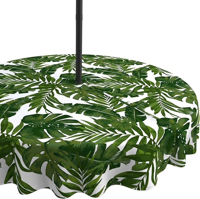 LVTXIII Outdoor Tablecloth with Umbrella Hole and Zipper, 60 Inch Water-Repellent Patio Table Cloth, Round Table Covers for Backyard Garden, Palm Green