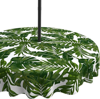 LVTXIII Outdoor Tablecloth with Umbrella Hole and Zipper, 60 Inch Water-Repellent Patio Table Cloth, Round Table Covers for Backyard Garden, Palm Green