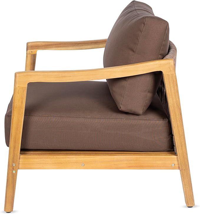 Christopher Knight Home Seward Acacia Wood Lounge Chair Outdoor with Removable Cushion, Solid Wood Patio Accent Chair with Rope Backrest, Patio Outdoor Armchair, Teak+Bown