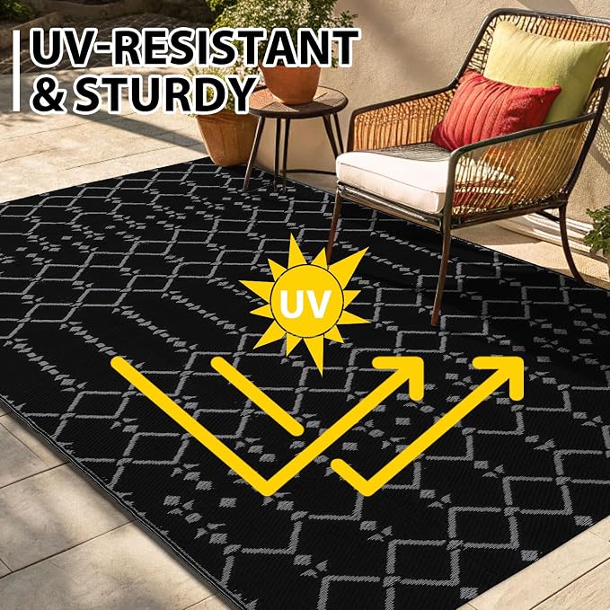 Smiry Outdoor Rug 5x8 ft Waterproof Reversible Boho Mat, Dark Grey | Polypropylene Plastic Straw, Quick Drying, Lightweight Foldable, for Patio, Deck, RV Camping, Backyard and Indoor Outdoor Use