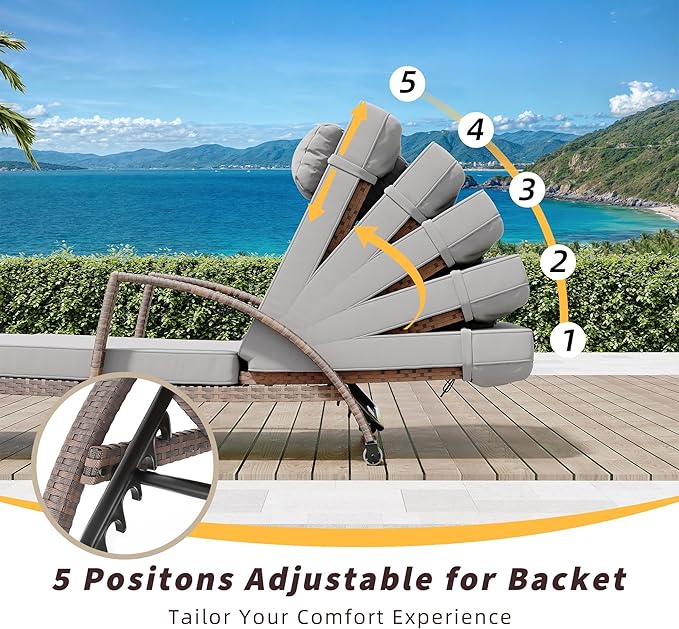 GAOMON Outdoor Lounge Chairs Set of 2, PE Rattan Wicker Chaise Lounge with Cushions and Wheels, Adjustable 5-Position, Patio Lounge Chairs for Outside Poolside Beach, Backyard Relaxation