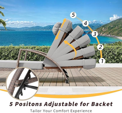 GAOMON Outdoor Lounge Chairs Set of 2, PE Rattan Wicker Chaise Lounge with Cushions and Wheels, Adjustable 5-Position, Patio Lounge Chairs for Outside Poolside Beach, Backyard Relaxation