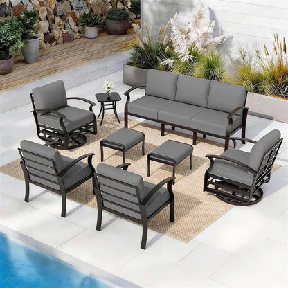 ALAULM Aluminum Patio Furniture Set with 2 Swivel Chairs 9-seat Metal Outdoor Furniture Patio Sectional Sofas Patio Conversation Set w/2 Ottomans for Patio, Backyard, Poolside-Grey