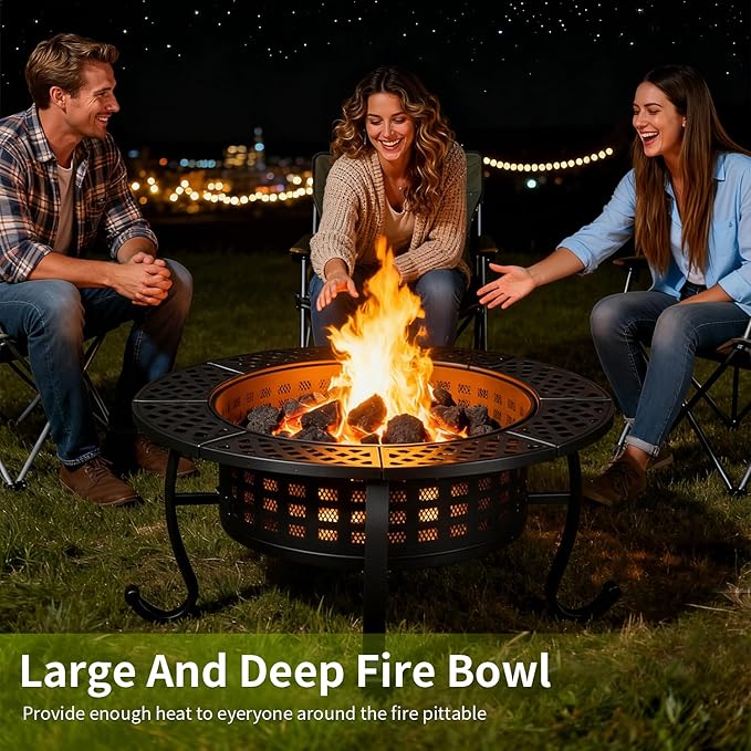FDW 36 Inch Fire Pit with 2 Adjustable Grills,Wood Burning Fire Pits for Outside with Lid & Fire Poker, BBQ& Outdoor Firepit & Round Metal Table 3 in 1 for Patio, Picnic, Party
