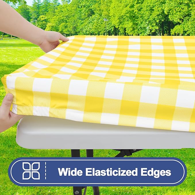 Smiry Picnic Table Cloth 2 Pack, Waterproof Elastic Fitted Tablecloths for 4FT Rectangle Tables, Washable Polyester Buffalo Plaid Tablecloth for Camping, Dining & Outdoor (Yellow & White, 30" x 48")