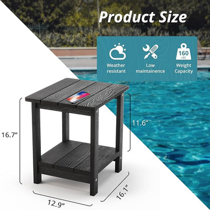 LUE BONA Outdoor Side Table, 2-Tier HDPS Small Patio Table, Black | 2-Tier Shelf for Extra Storage, Small End Table for Pool, Porch, Balcony, Weather Resistant HDPS, Easy Clean
