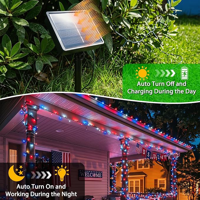 Upgrade 2Pack 500LED Solar String Lights Outdoor Waterproof, Solar Lights Outdoor String with 8 Modes, IP65 Waterproof Twinkle Christmas Light for Outside, Garden Tree Decoration, Red White Blue