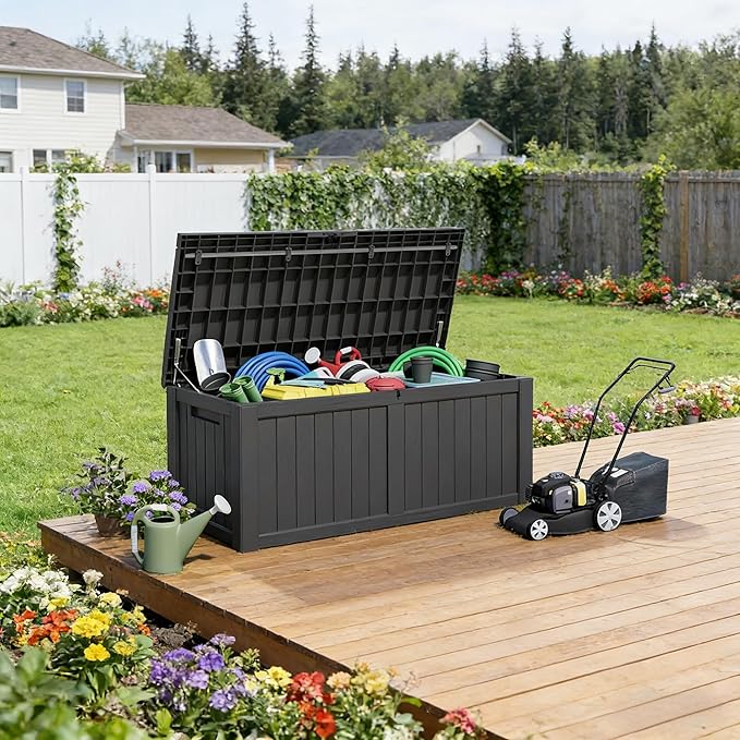 FEFLO 120 Gallon Waterproof Resin Outdoor Storage Box, Lockable & UV Resistant Patio Deck Boxes, Outside Storage for Patio Cushions, Pool Toys, Garden Tools & Package Delivery, Black