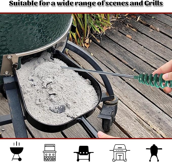 Vankey 18 Inch BBQ Ash Tool, kamado Joe Charcoal Smoker Wood Burning Stove ash Rake Grilling Accessories, Green Threaded Handle Charcoal Garden Tools Grill Cleaning Tools