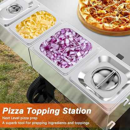 Pizza Topping Station for Grill Cart, Universal Condiment Serving Container for Outdoor Grill Stand, Stainless Steel Seasoning Containers with Lid, 4 Compartment Trays for Prepping Ingredients